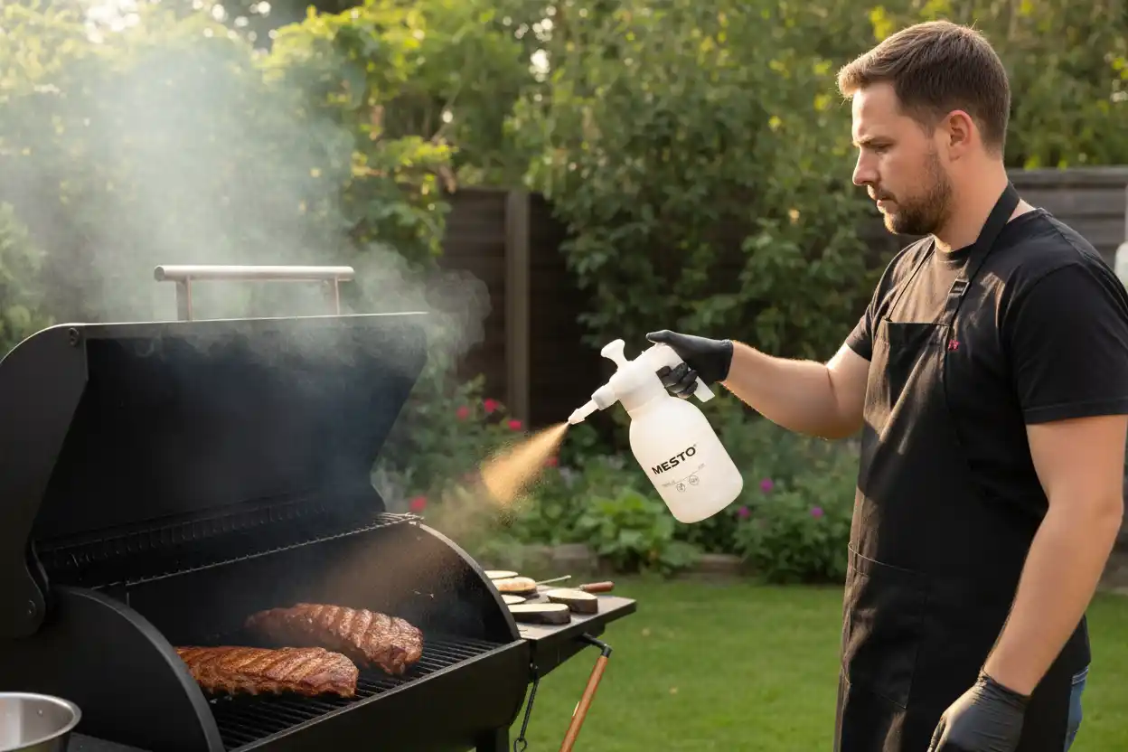 Mann besprüht Fleisch auf Grill mit Apfelsaft im Garten